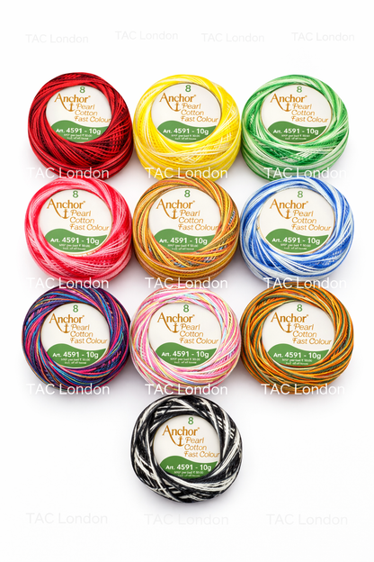 10 Multi Variegated Colours Anchor Pearl Cotton Embroidery Crochet Thread ball size No.8 85 Meters Each Balls