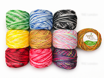 10 Multi Variegated Colours Anchor Pearl Cotton Embroidery Crochet Thread ball size No.8 85 Meters Each Balls