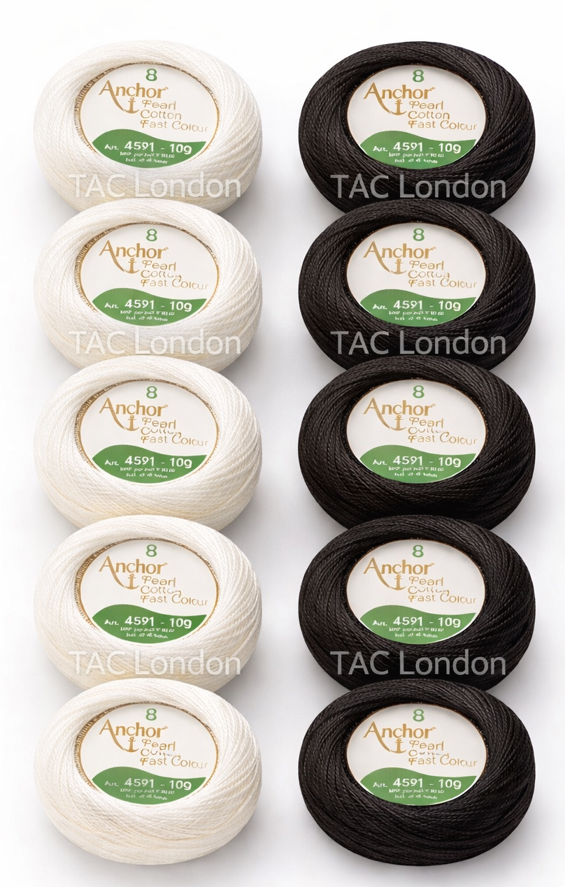 Pack of 10 White Black Anchor Pearl Cotton Balls Anchor Crochet Cotton Embroidery Thread Balls Size 8 (85 Meters Each) 5 White 5 Black
