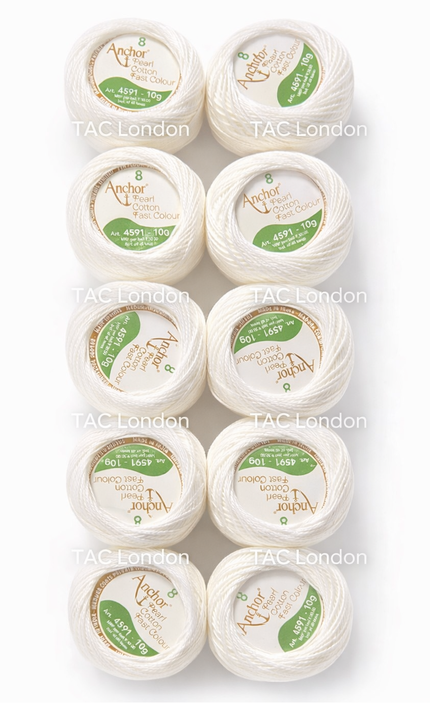 Pack of 10 White Anchor Pearl Cotton Balls Anchor Crochet Cotton Embroidery Thread Balls Size 8 (85 Meters Each)