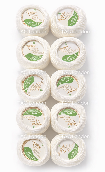 Pack of 10 White Anchor Pearl Cotton Balls Anchor Crochet Cotton Embroidery Thread Balls Size 8 (85 Meters Each)