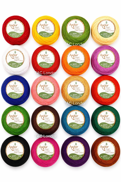 Pack of 20 Anchor Pearl Cotton Balls Anchor Crochet Cotton Embroidery Thread Balls Size 8 (85 Meters Each) Assorted Coloured