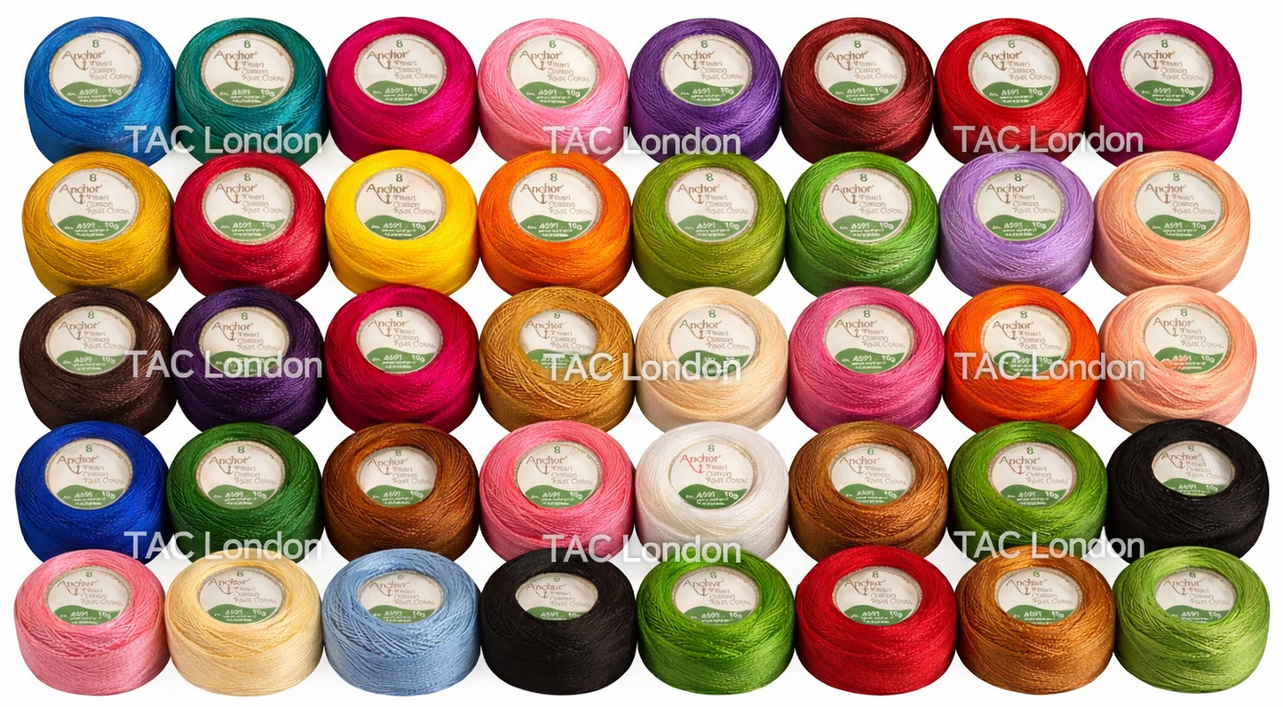 Pack of 40 Anchor Pearl Cotton Balls Anchor Crochet Cotton Embroidery Thread Balls Size 8 (85 Meters Each) Assorted Coloured