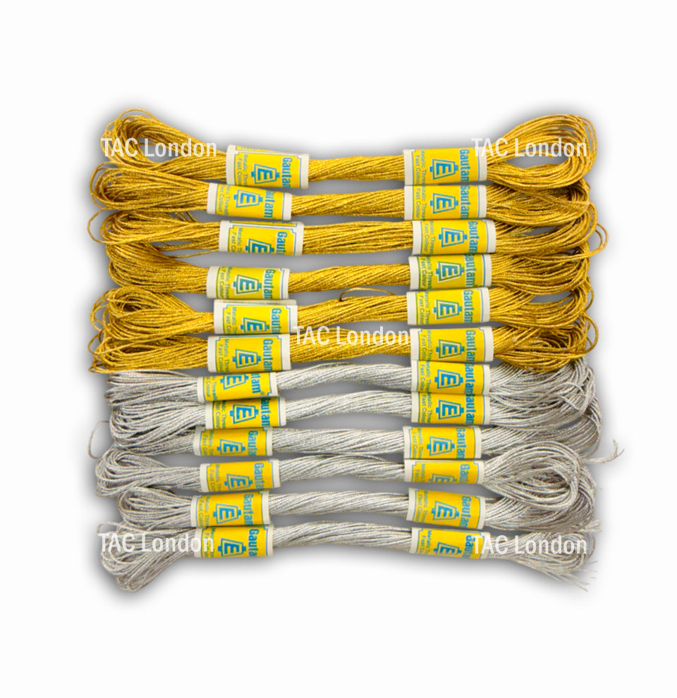 Pack of 12 Gold & Silver Metallic Effect Thread For Embroidery Cross Stitch Threads Floss 8m Each
