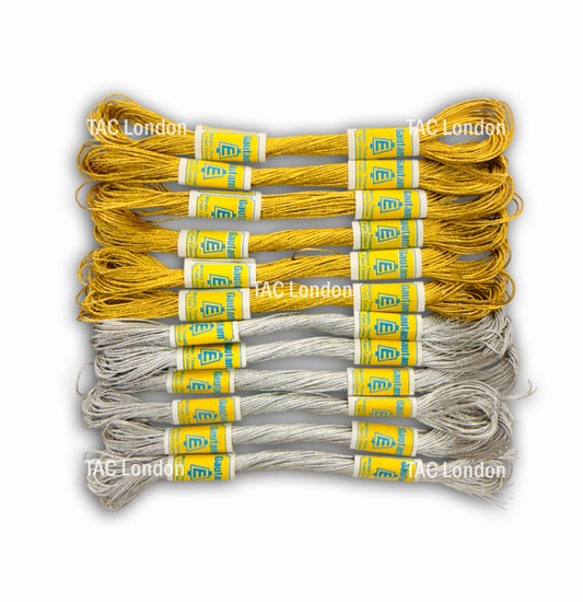 Pack of 12 Gold & Silver Metallic Effect Thread For Embroidery Cross Stitch Threads Floss 8m Each