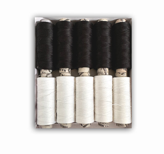 Pack of 10 White & Black Sewing Thread Spools 100% PURE COTTON Threads