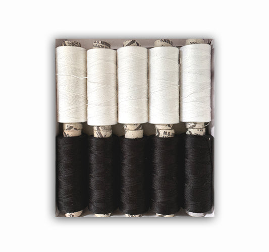 Pack of 10 White & Black Sewing Thread Spools 100% PURE COTTON Threads
